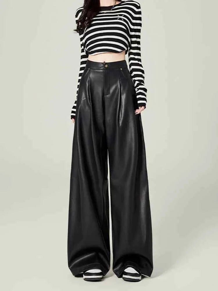 Stylish High Waist Drape Leather Pants