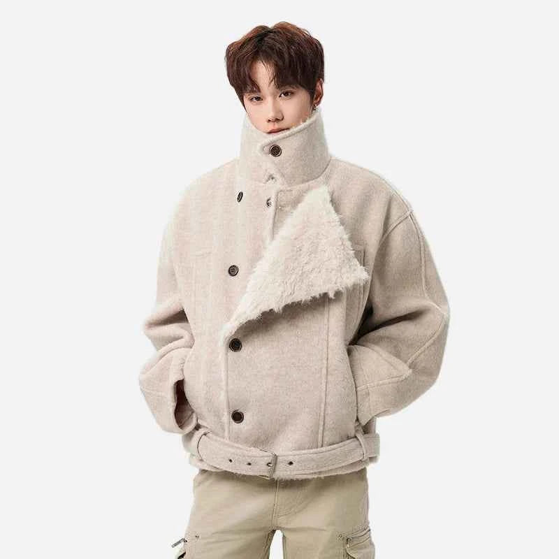 Soft Korean Faux Fur Patchwork Belt Jacket