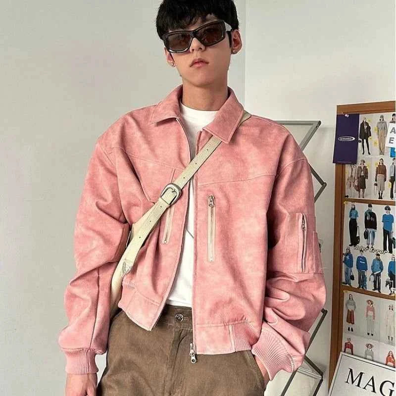 Men Pink Gradient Spring Leather Jacket