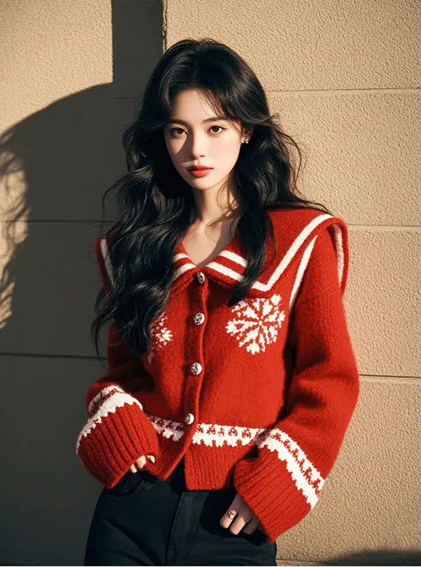 Women Red Christmas Long Sleeve Cardigan - Luxuryurbanwear