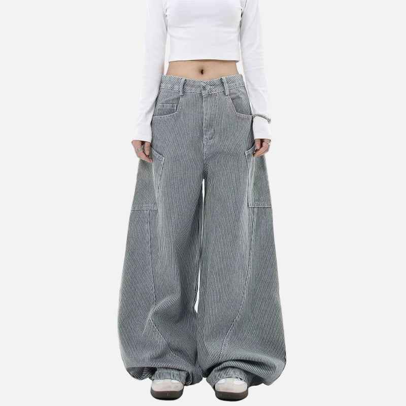 Y2K Striped Curved Knife Wide Leg Cargo Jeans