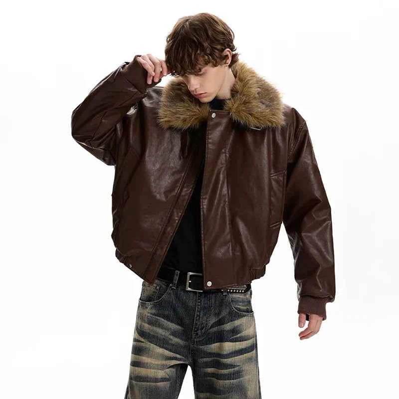 Luxury Faux Fur Lapel Leather Padded Jacket