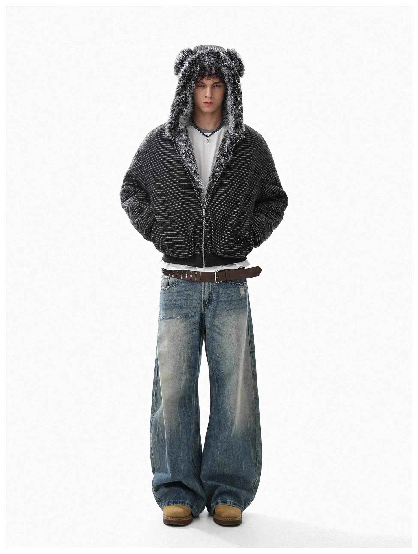 Brushed Striped Rabbit Faux Fur Hooded Jacket