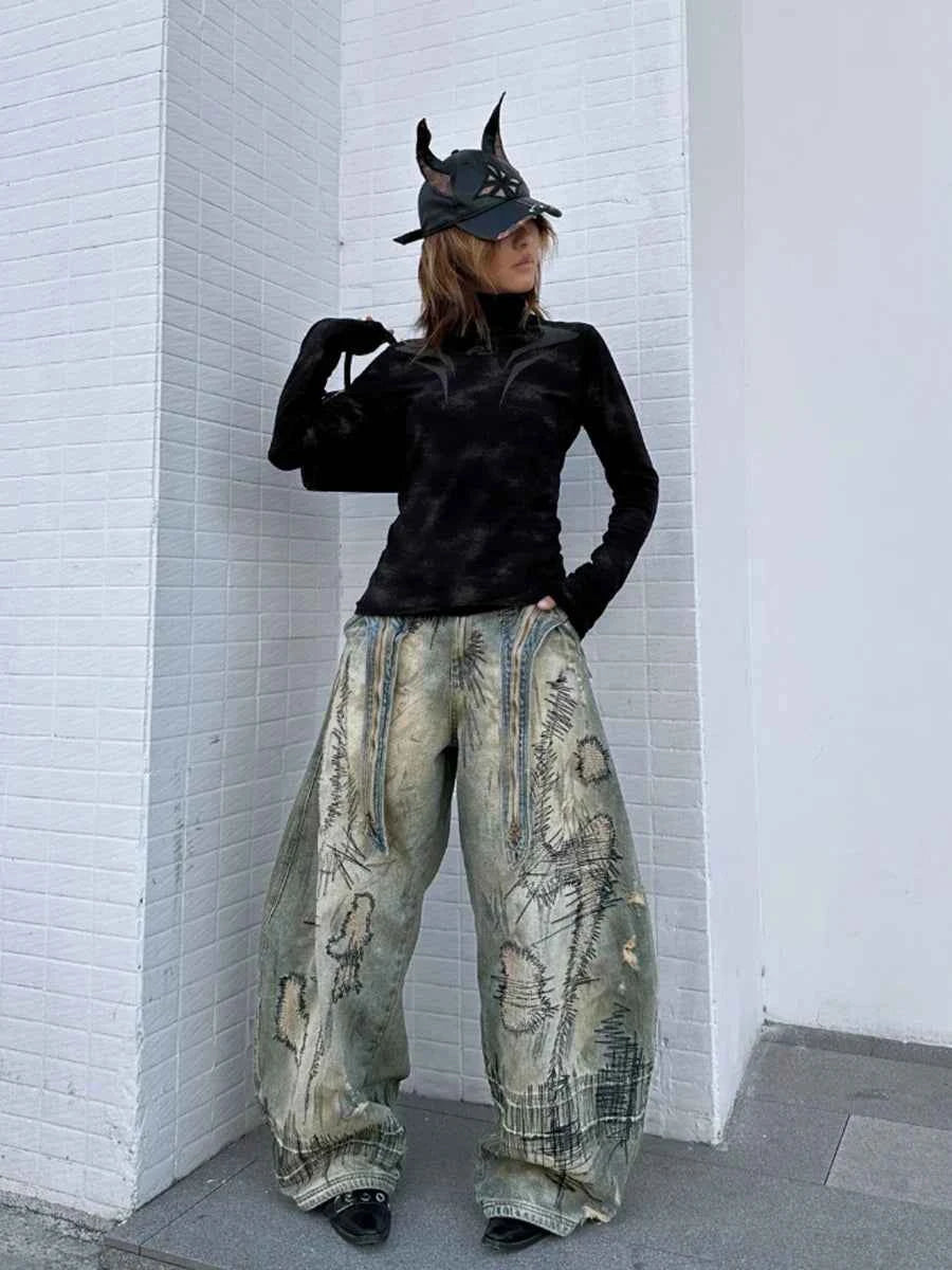 Boyfriend Vintage Embroidered Cool Baggy Jeans