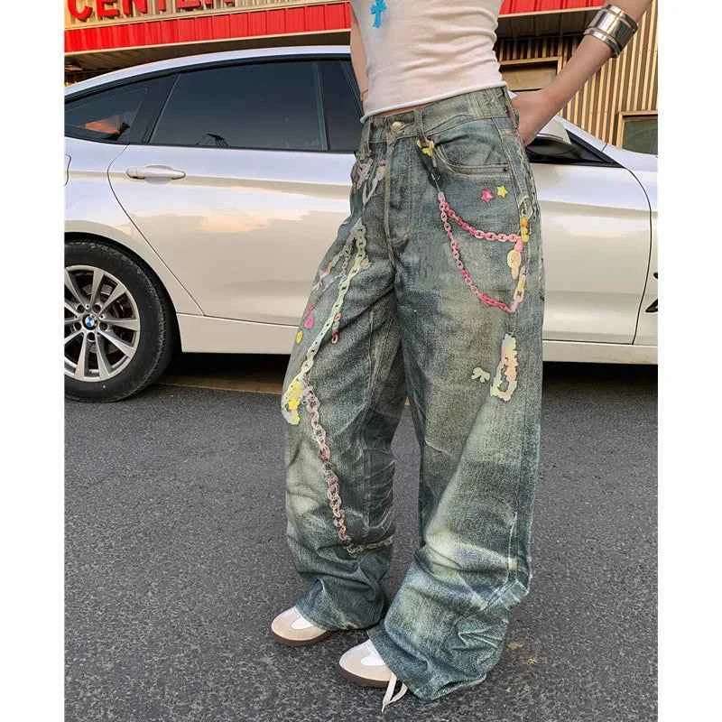 Chic Retro High Waisted Chain Print Jeans