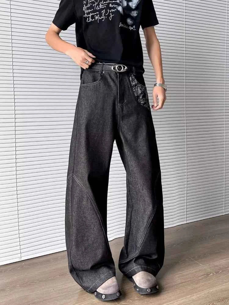 Cyber Graphic Patchwork Baggy Black Jeans