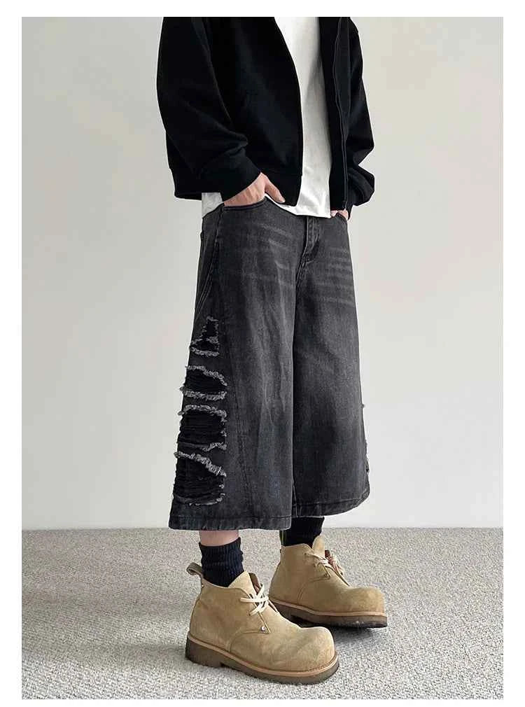Vintage Aesthetic Black Ripped Loose Denim Jorts