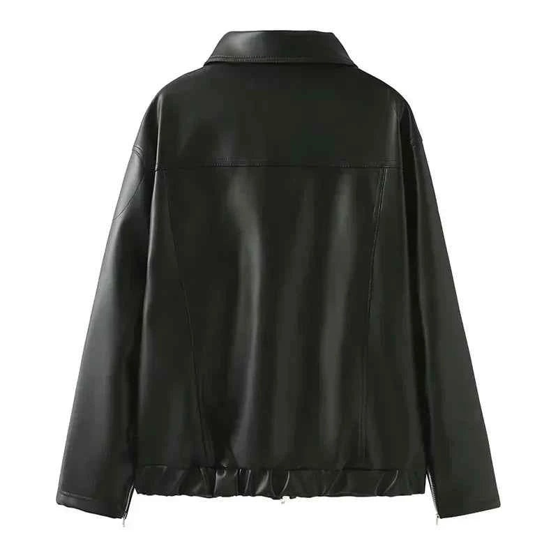 Women Durable Faux Bow Zipper Leather Jacket