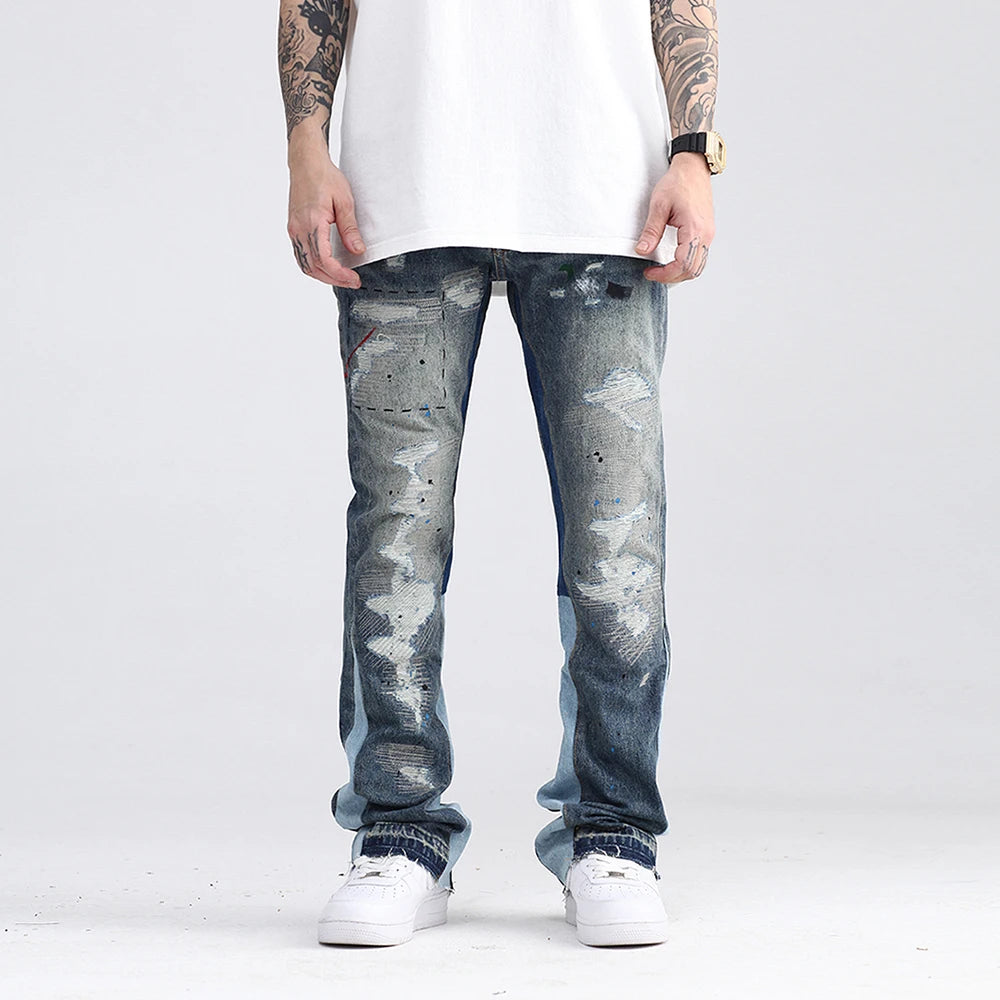 Streetwear Blue Speckle Ink Washed Flared Jeans
