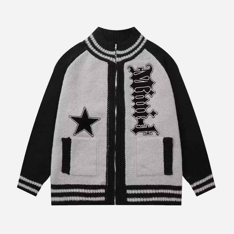 Gothic Letter Printed Star Pattern Knitted Cardigan