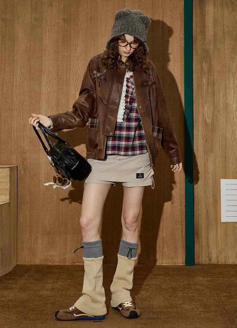 Retro Versatile Plaid Patchwork Leather Jacket