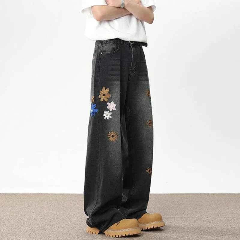 Handsome Embroidered Wide Leg Denim Jeans