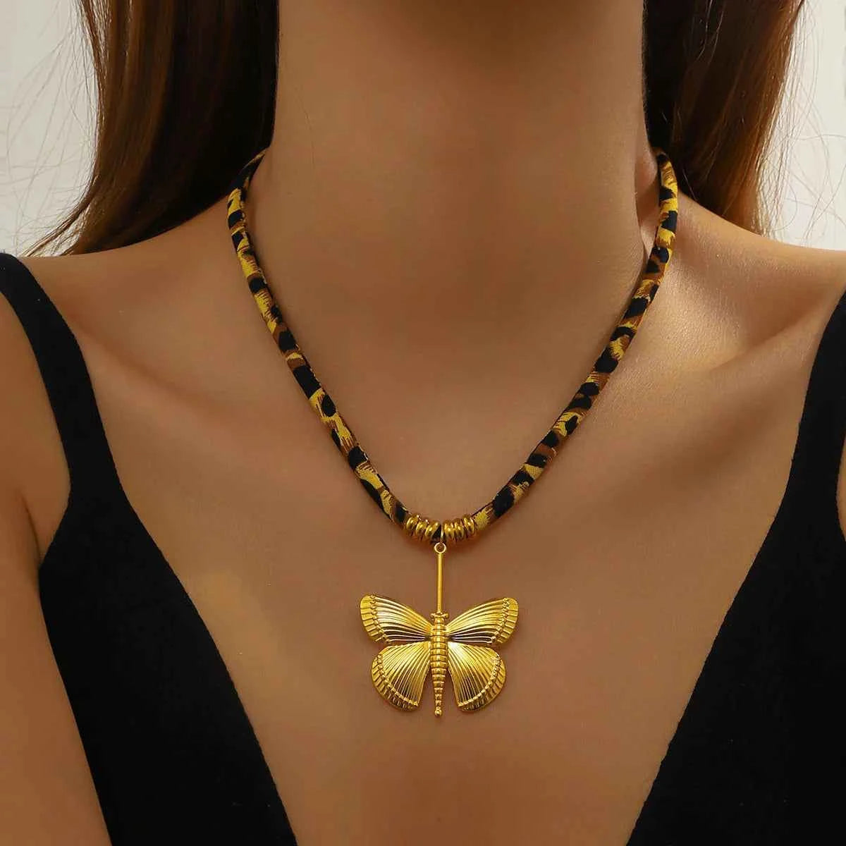 Golden Exaggerated Butterfly Leopard Print Necklace