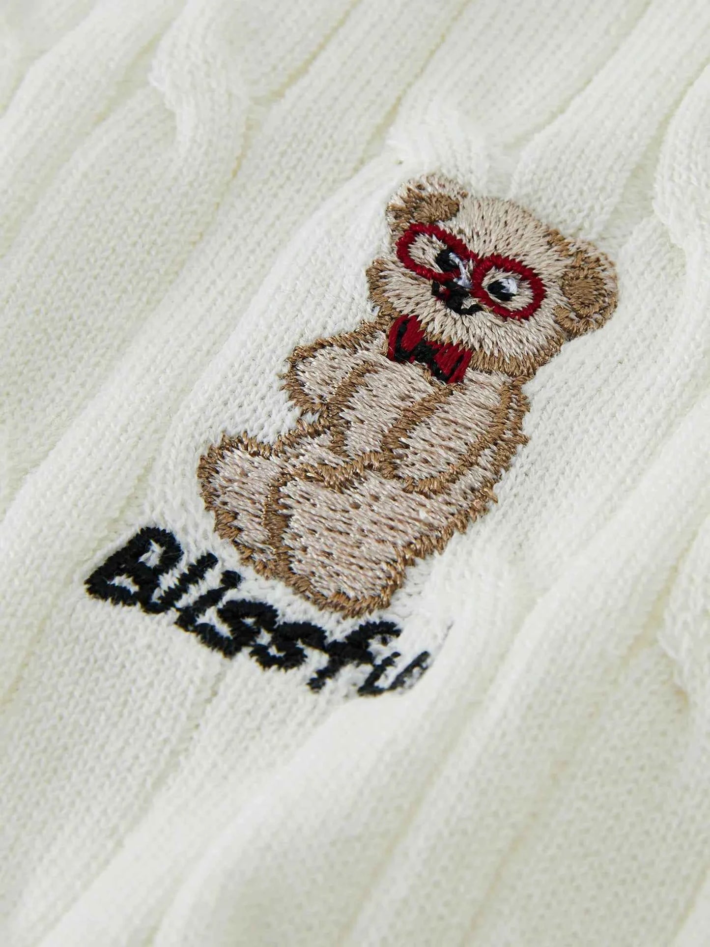 Women Contrast Color Bear Embroidered Knitted T-Shirt