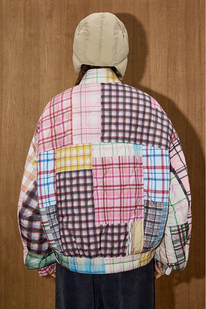 Y2K Color Block Plaid Casual Puffer Jacket - Luxuryurbanwear