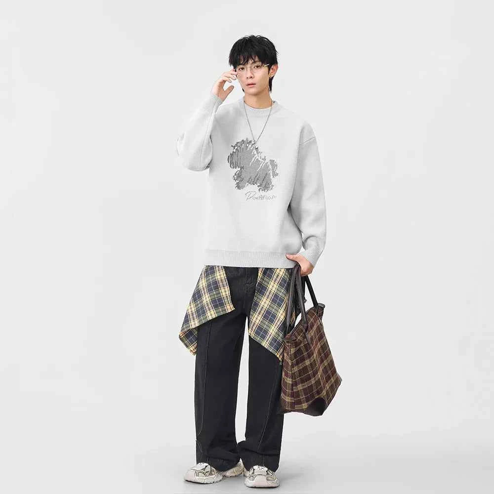 Abstract Unicorn Pattern Knitted Crew Neck Sweater