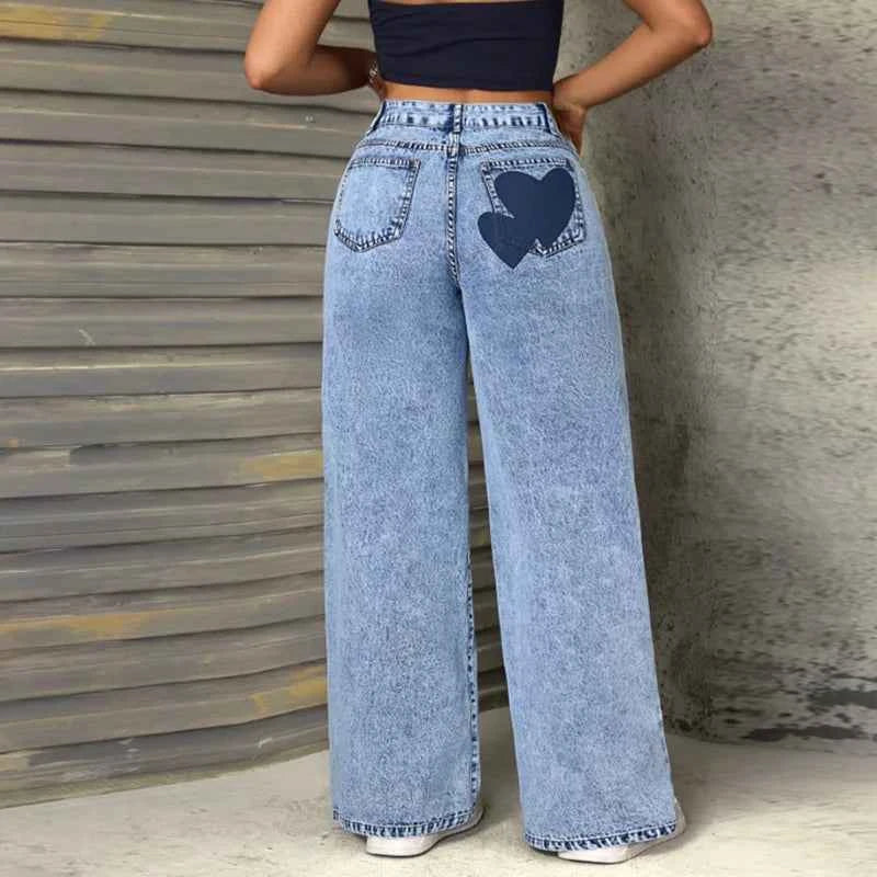 Y2K Heart Print Mid-Waisted Casual Jeans