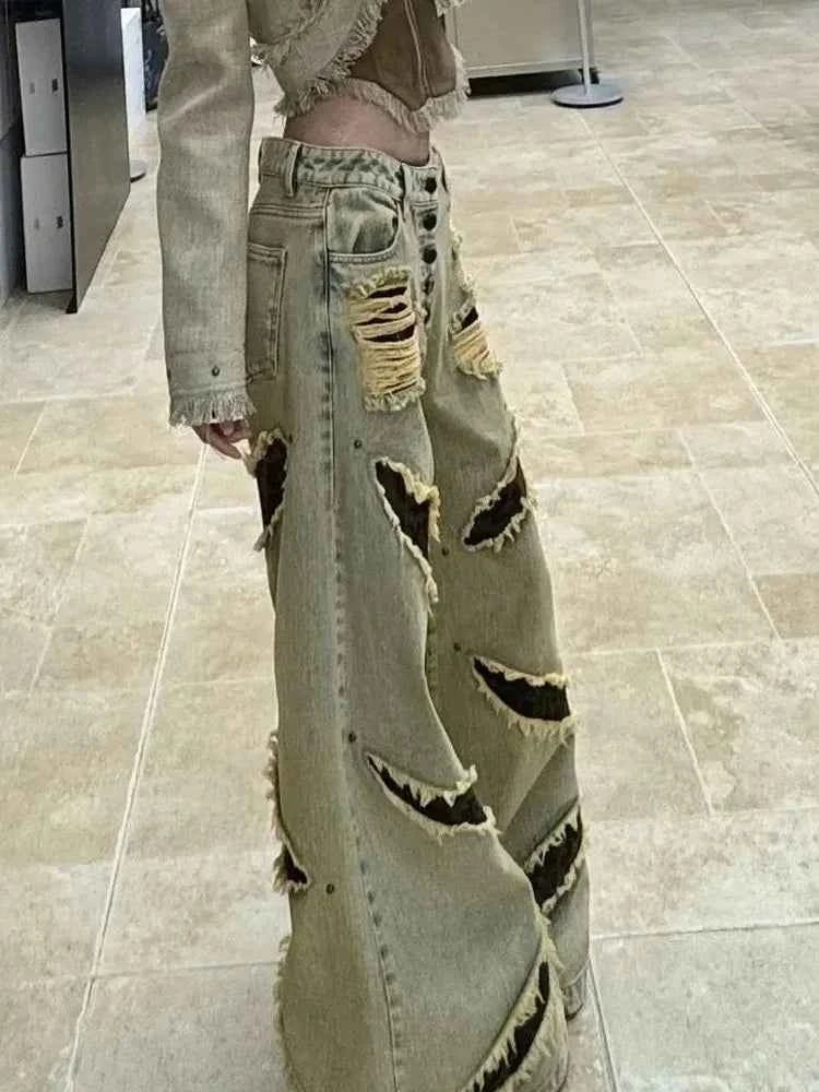 Streetwear distressed high waist leopard Jeans