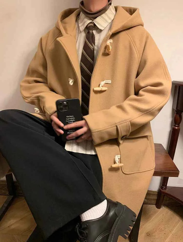 Vintage Horn Buckle Woolen Hooded Coat