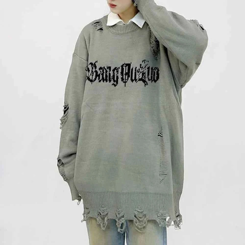 Gothing Retro Destruction Style Round Neck Sweater