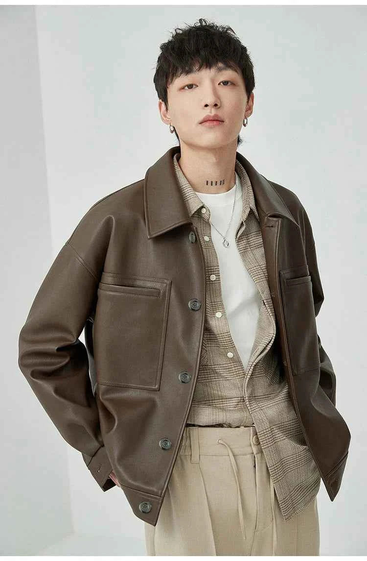 Brown And Black Oversized Faux Leather Jacket