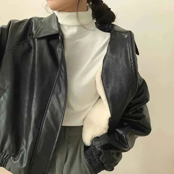Warm Retro Minimalist Suede Lapel Leather Jacket