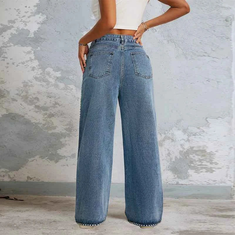 Graphic Fleece Beaded Wide Leg Denim Jeans