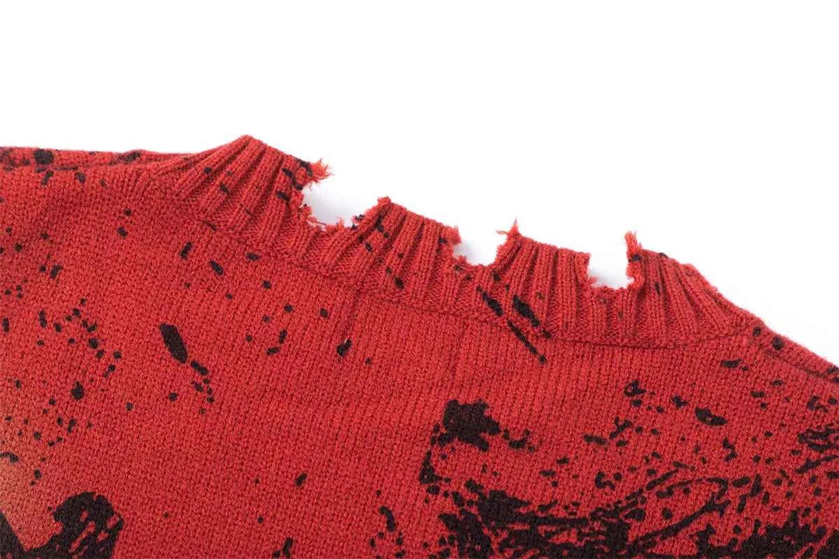 Flattering Distressed Ripped Red Ink Splashing Sweater