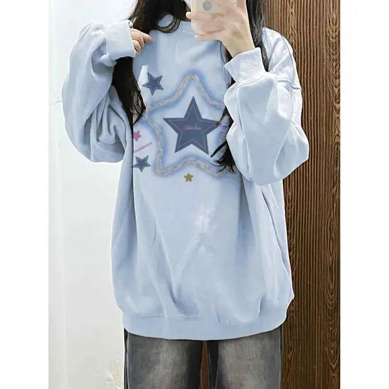 Effortless Smart Blue Star Print Preppy Style Sweatshirt