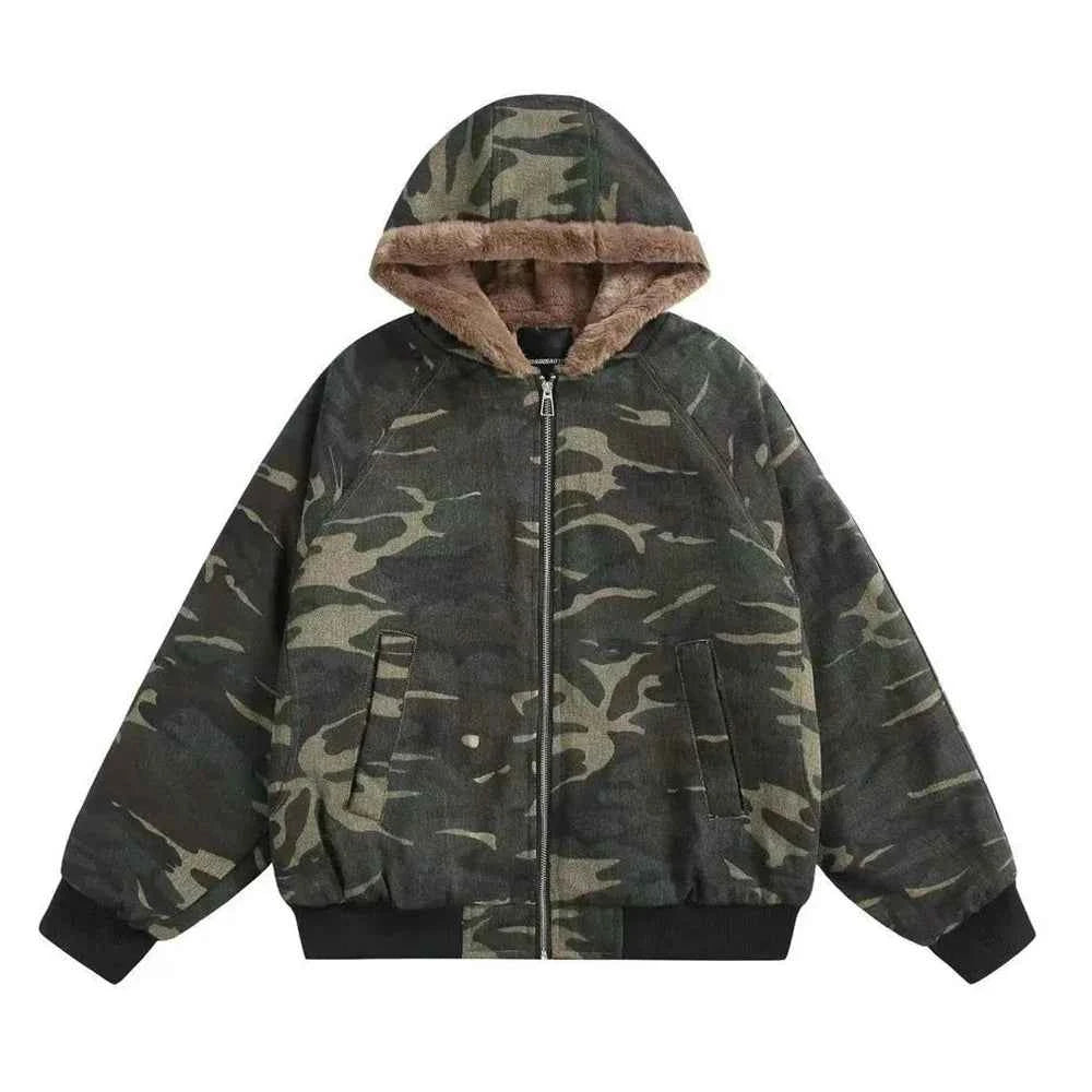 Men Camouflage Thickened Retro Hooded Winter Jacket