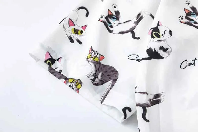 Y2K Funny Cat Graphic Lightweight Beach Shirt