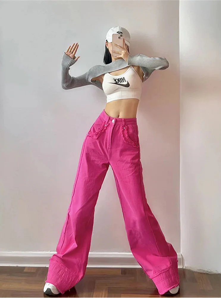 Pink Y2K High Waist Wide Leg Jeans - Luxuryurbanwear
