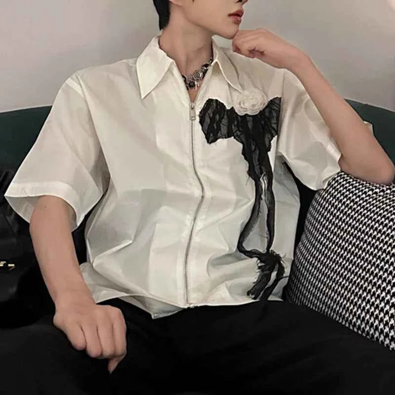 Rose Mesh Zipper Short-Sleeved Shirt