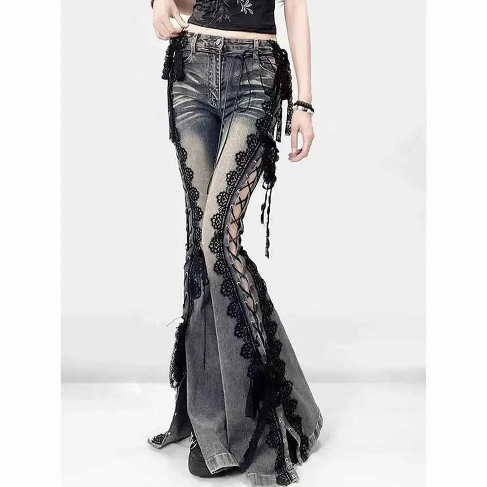 Women Vintage Lace-Up Bell Bottom Jeans