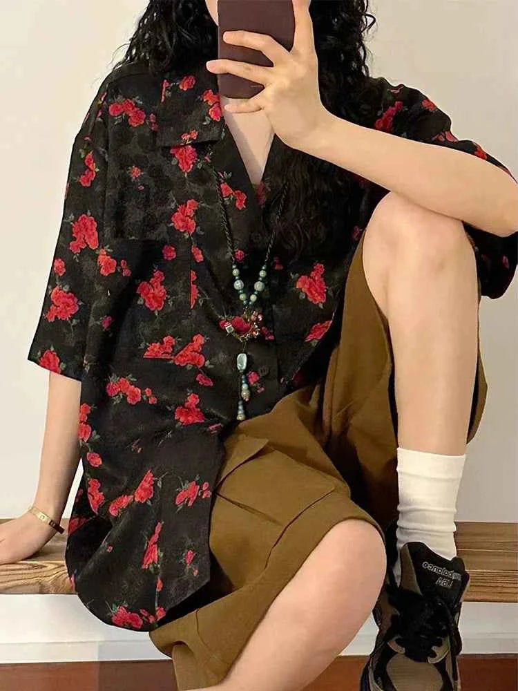 Women Vintage Japanes Style Flower Print Loose Blouse Shirt