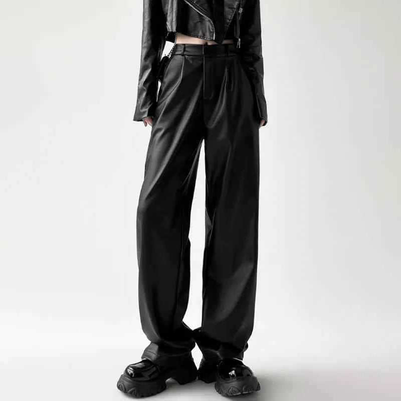 Retro Black Wide Leg Leather Pants