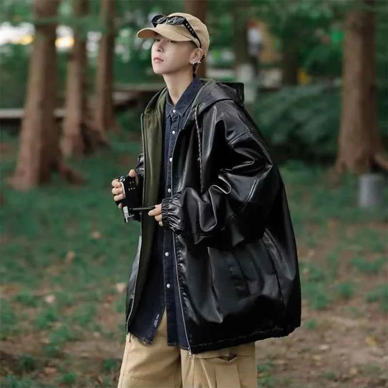 Streetwear Trendy Drawstring Leather Hooded Jacket