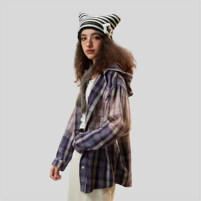 Luxury Plaid Oversized Hooded Blouse Shirt