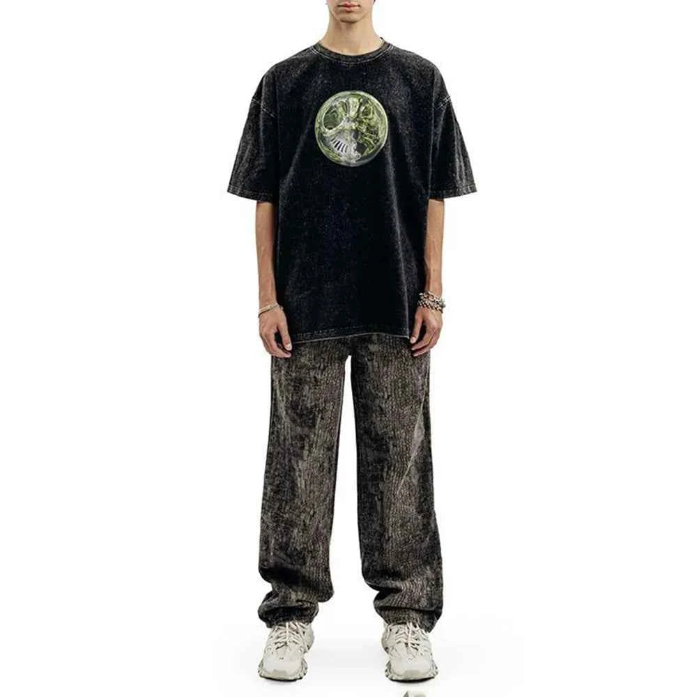 Retro Patterned Short-Sleeved Cotton T-Shirt