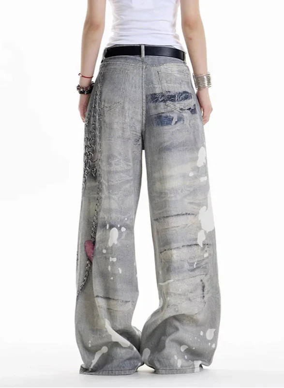 Essential Streetwear Gothic Graffiti Print Boyfriend Jeans - Luxuryurbanwear
