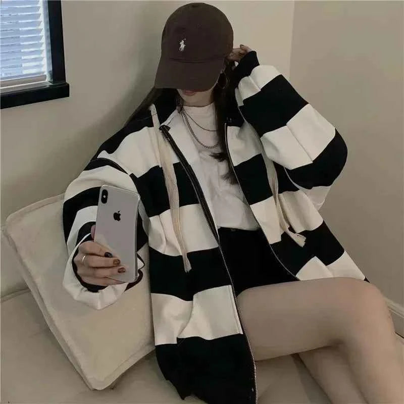 Stylish Korean Style Striped Loose Hooded Sweatshirt