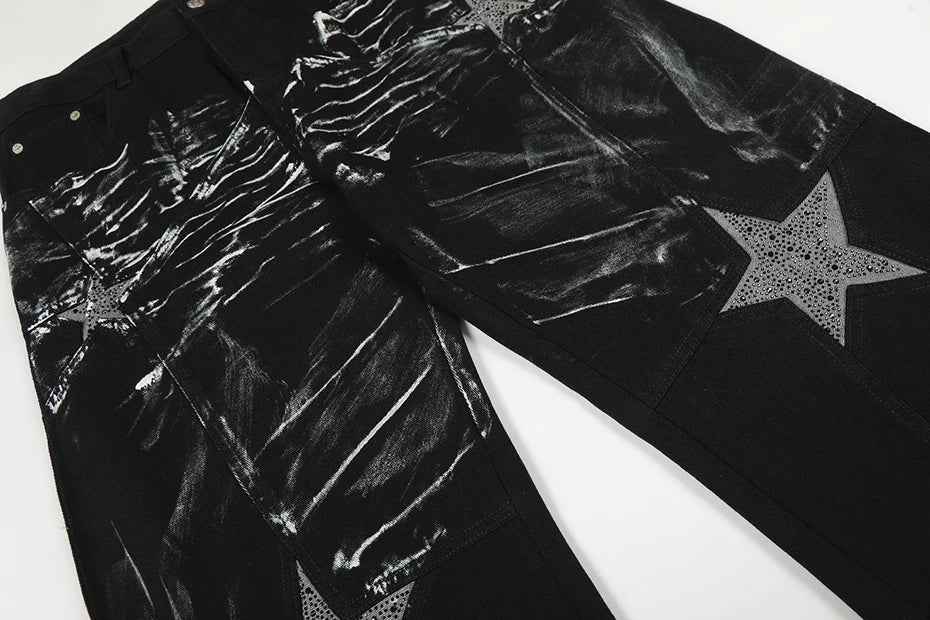 Streetwear Black Diamond Star Patchwork Wide Leg Jeans