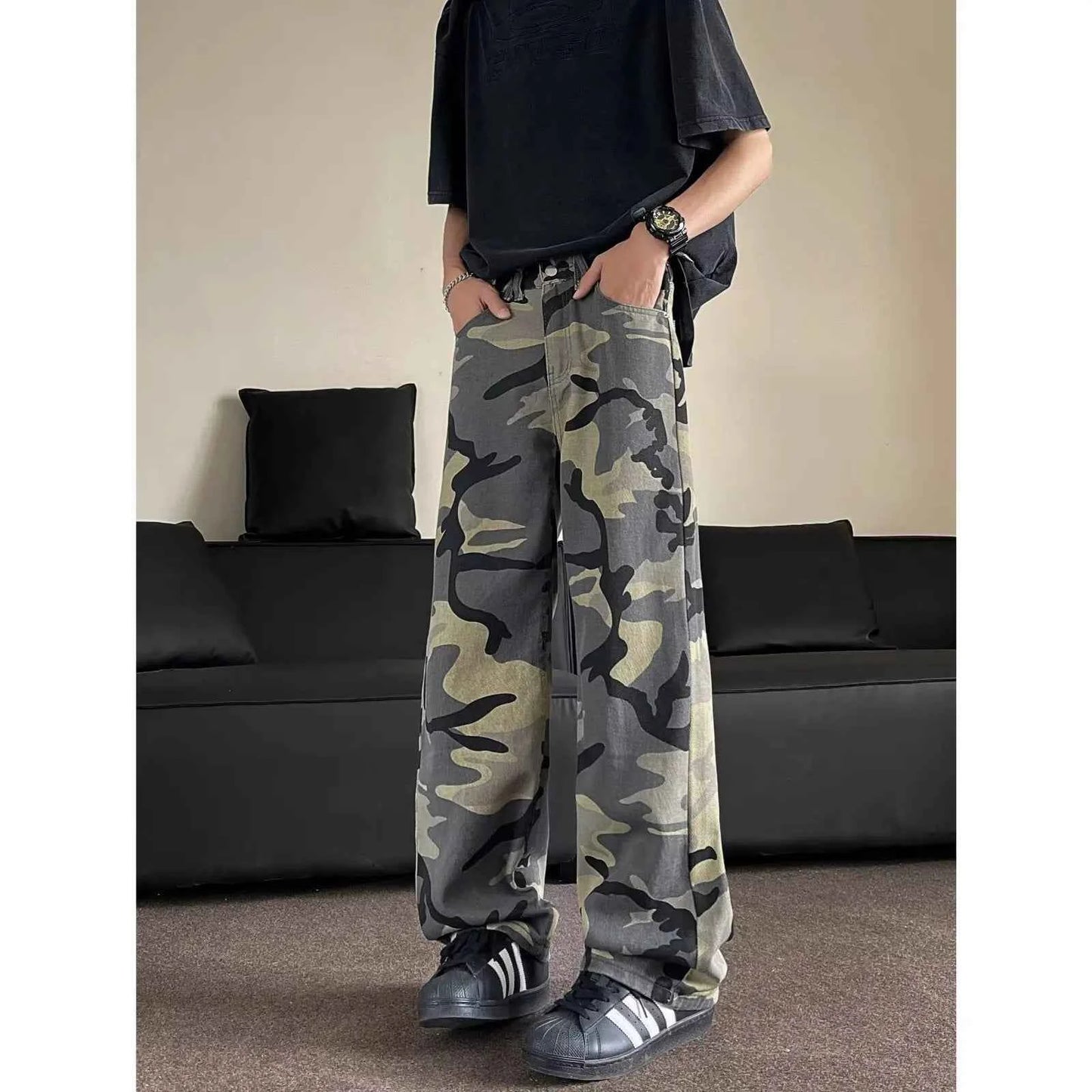 Vintage Streetwear Camouflage High Waisted Wide-Leg Jeans