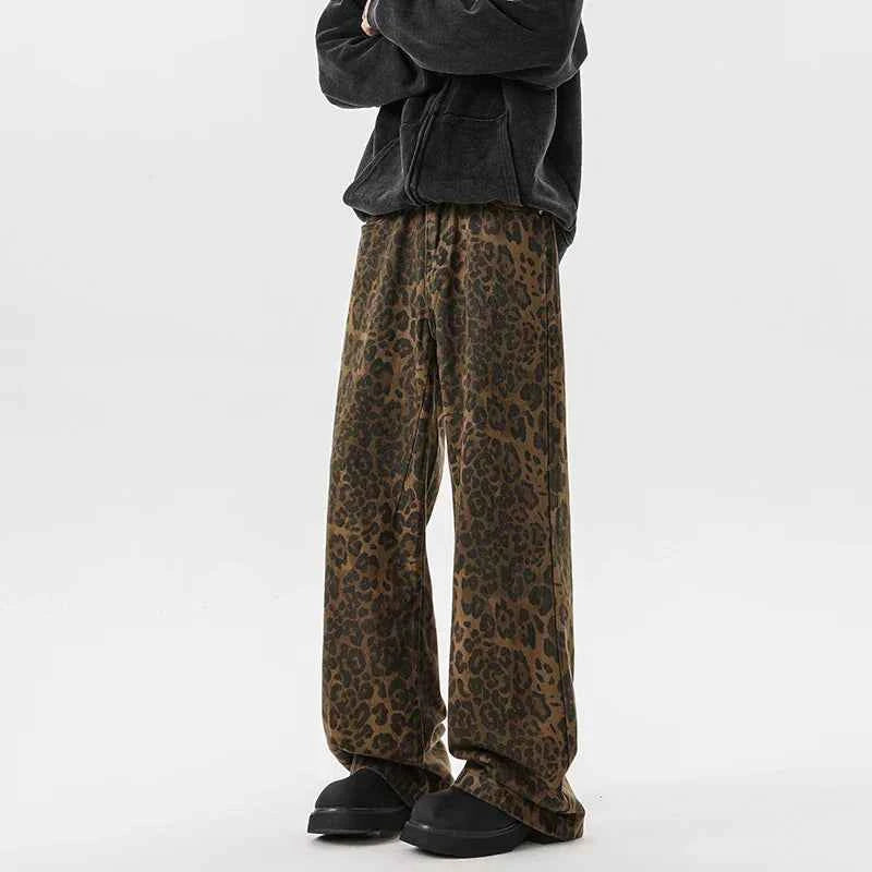 Streetwear Leopard Print Wide Leg Denim Jeans
