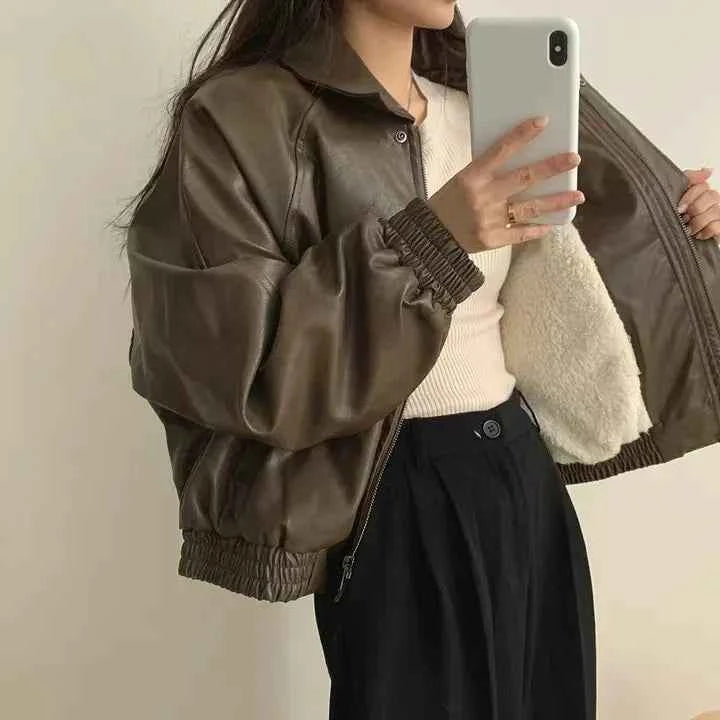 Warm Retro Minimalist Suede Lapel Leather Jacket