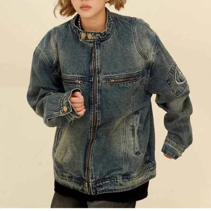 Loose Blue Denim Jacket with Pockets