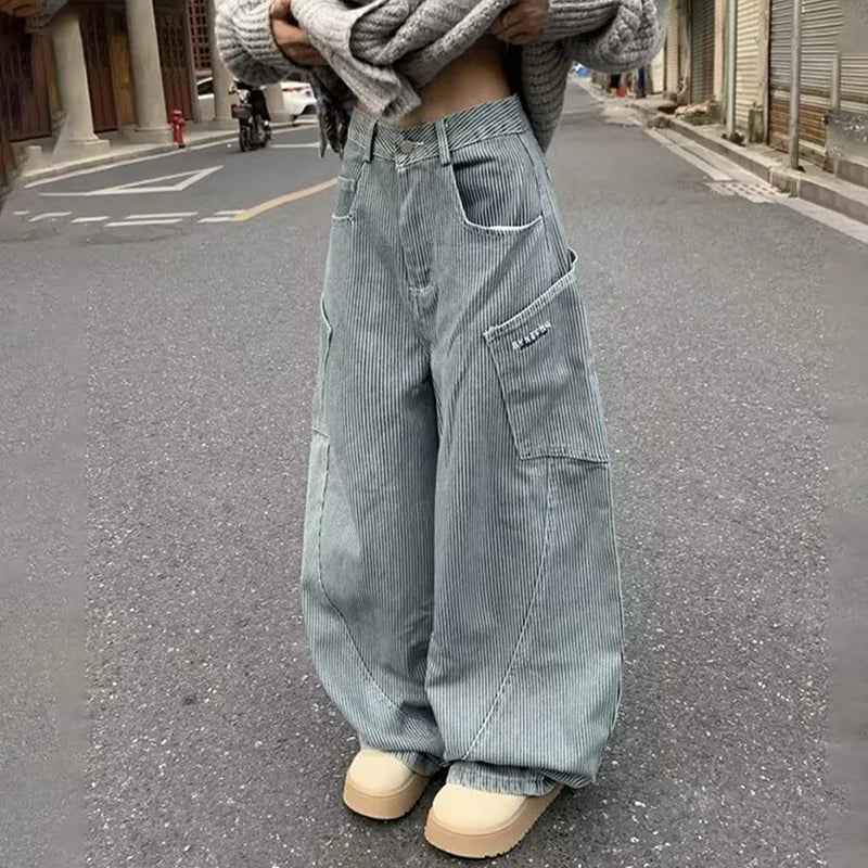 Y2K Striped Curved Knife Wide Leg Cargo Jeans