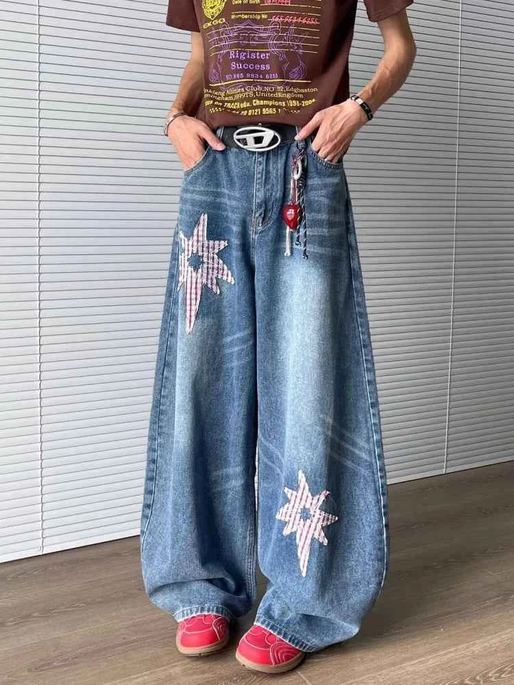 Star Embroidery Baggy Stacked Hip Hop Jeans