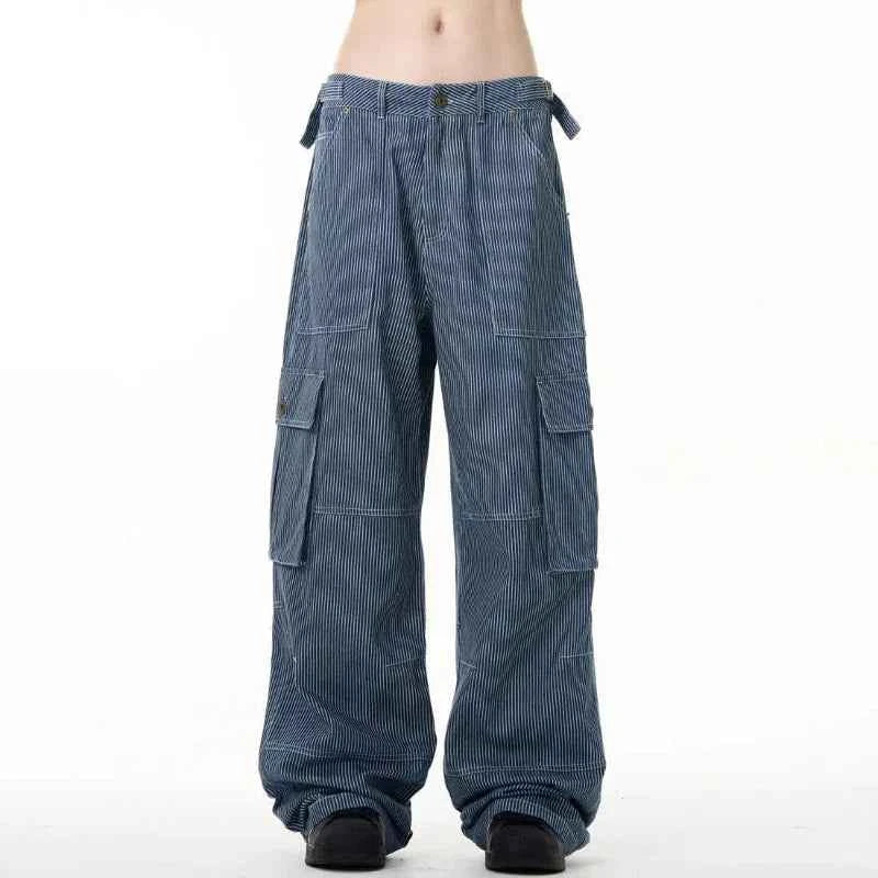 Vintage American Style Striped Cargo Jeans