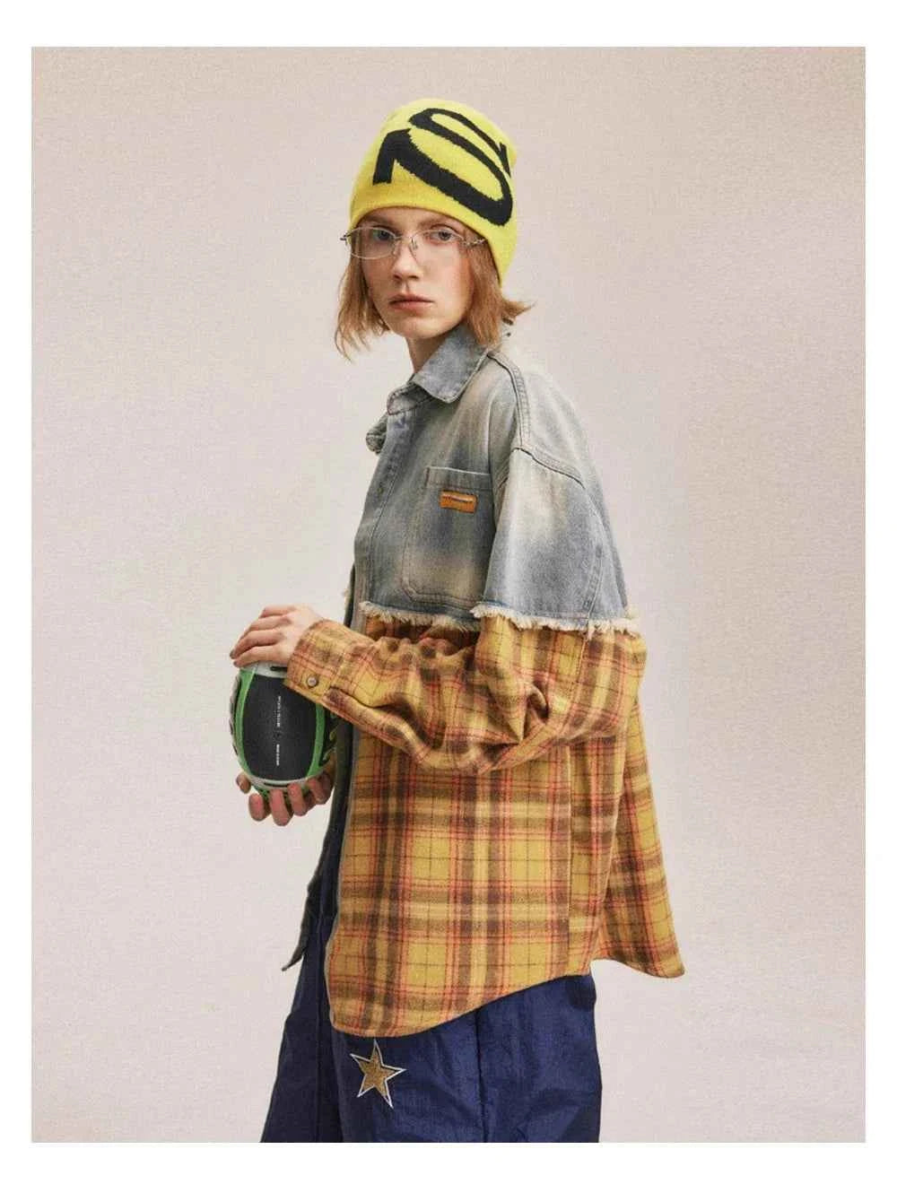 Autumn Plaid Distressed Denim Long Sleeve Shirt